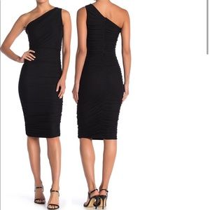 NWT one shoulder ruched body con midi dress black